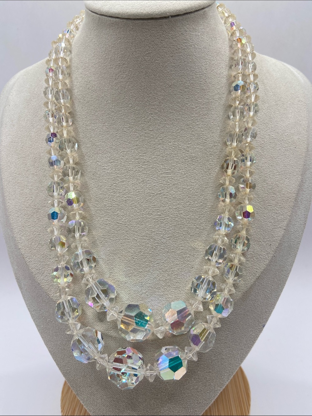 Vintage Aurora Borealis Graduated Double Strand Bead Necklace 17”L Collectible